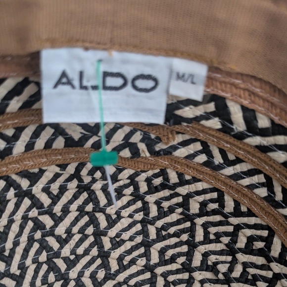 ALDO Womens Wide Brim Sun Hat Navy Blue Tan Geometric Woven Floppy Straw Hat ML - Picture 4 of 6